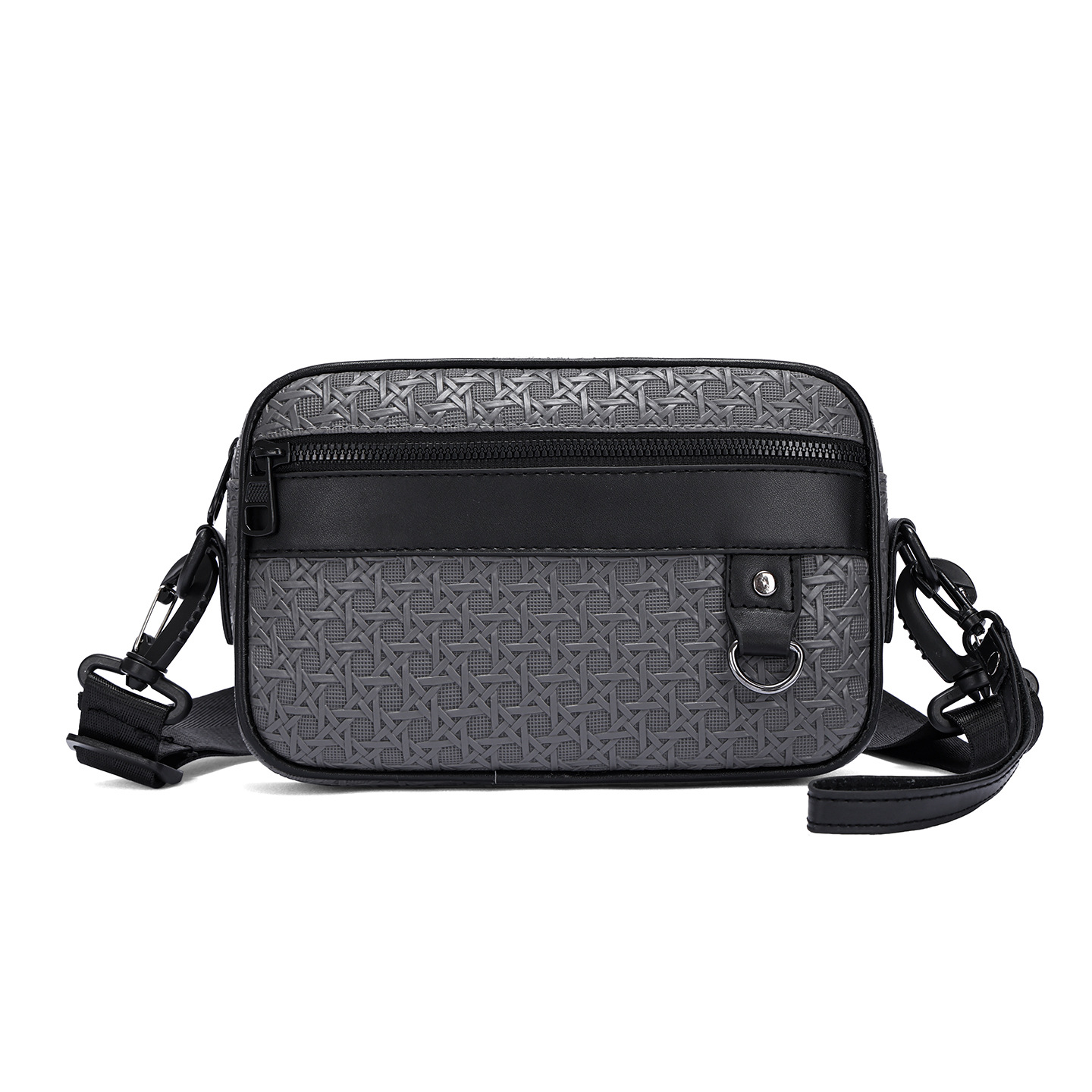 Grey and black woven-style crossbody bag on a white background